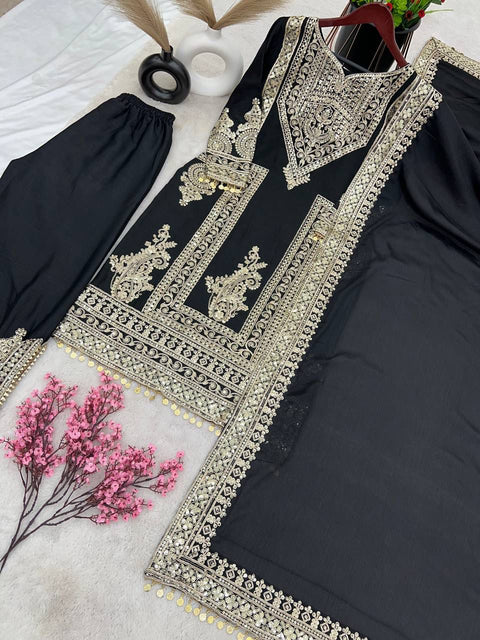 Festival Designer Collection In Pure Chinnon With Heavy Embroidery Coding Dori-Sequence Work Top-Bottom And Dupatta Set