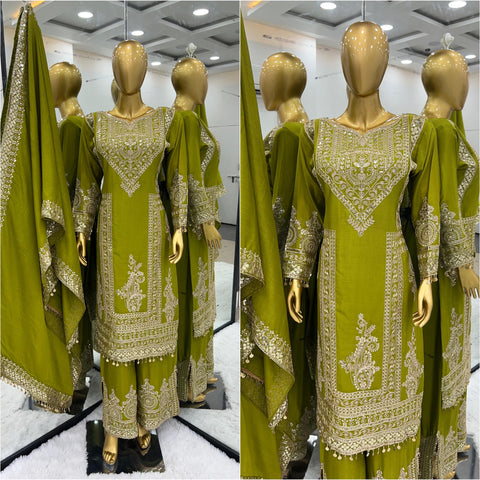 Green Festival Designer Collection In Pure Chinnon With Heavy Embroidery Coding Dori-Sequence Work Top-Bottom And Dupatta Set