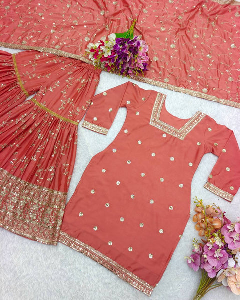 Pink Heavy Chinon Silk Top-Sararo And Dupatta Set For Women