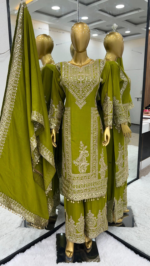 Green Festival Designer Collection In Pure Chinnon With Heavy Embroidery Coding Dori-Sequence Work Top-Bottom And Dupatta Set