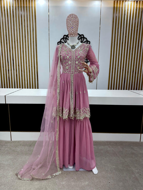 flowing Georgette elegance Pink Sharara Set With Duptta For Women In USA