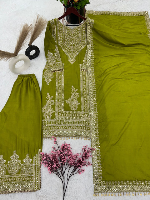 Green Festival Designer Collection In Pure Chinnon With Heavy Embroidery Coding Dori-Sequence Work Top-Bottom And Dupatta Set