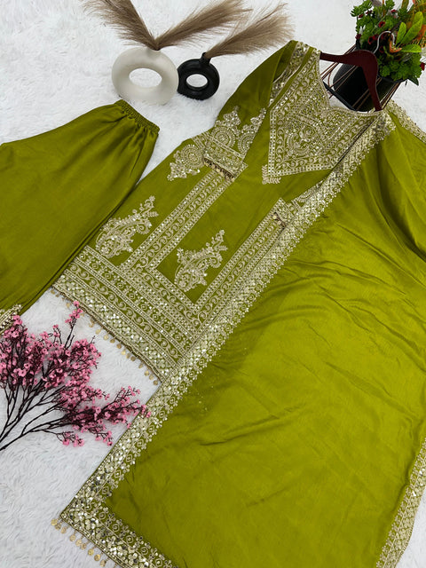 Green Festival Designer Collection In Pure Chinnon With Heavy Embroidery Coding Dori-Sequence Work Top-Bottom And Dupatta Set