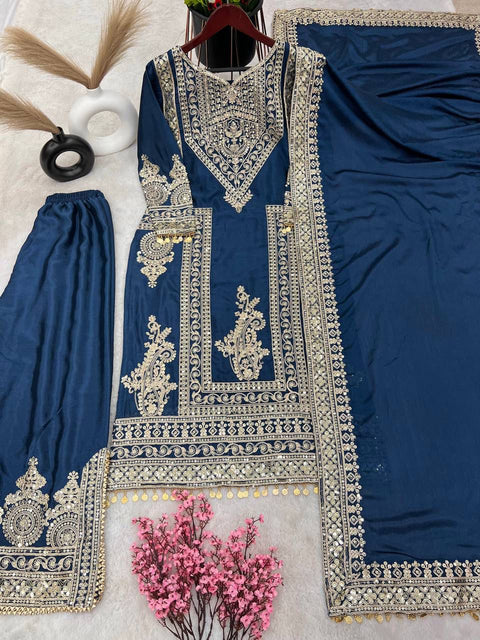 Blue Festival Designer Collection In Pure Chinnon With Heavy Embroidery Coding Dori-Sequence Work Top-Bottom And Dupatta Set