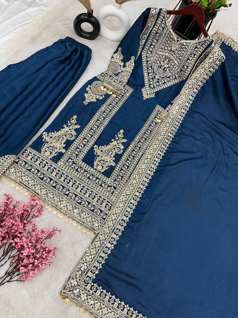 Blue Festival Designer Collection In Pure Chinnon With Heavy Embroidery Coding Dori-Sequence Work Top-Bottom And Dupatta Set