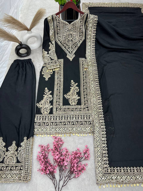 Festival Designer Collection In Pure Chinnon With Heavy Embroidery Coding Dori-Sequence Work Top-Bottom And Dupatta Set