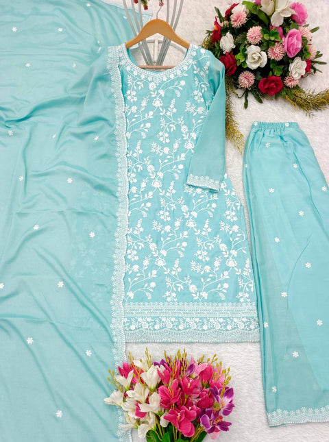 Sky Blue Heavy Chinon Silk Top-Palazzo and Dupatta Set Fully Stitched For Women