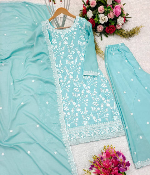 Sky Blue Heavy Chinon Silk Top-Palazzo and Dupatta Set Fully Stitched For Women