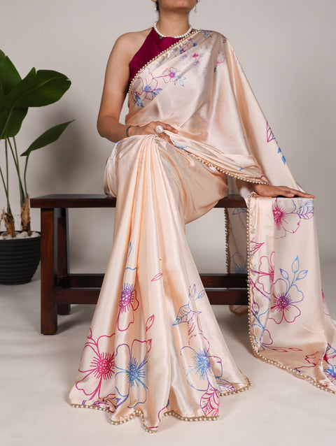 Beige Pearl-Edged Floral Satin Floral Print Saree For Women