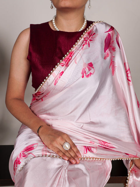 Pink Pearl-Edged Floral Satin Floral Print Saree For Women