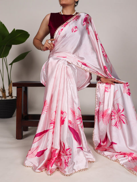 Pink Pearl-Edged Floral Satin Floral Print Saree For Women