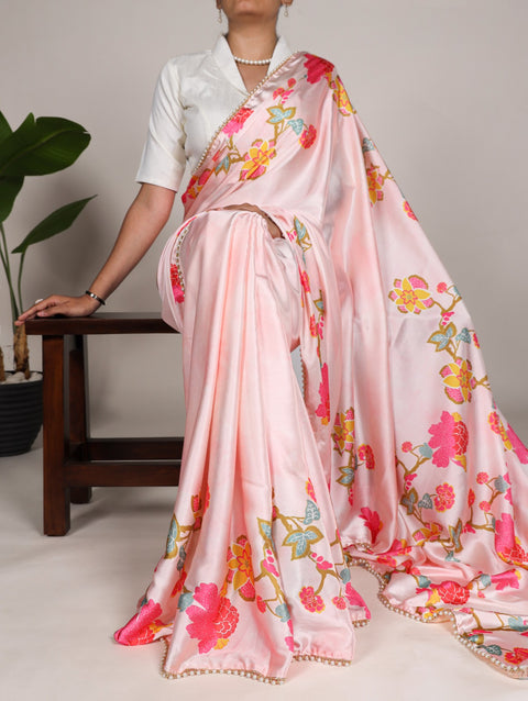 Elegent Pearl-Edged Floral Satin Floral Print Saree For Women