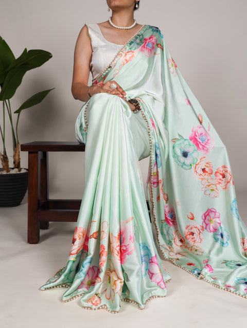 Multicolor  Pearl-Edged Floral Satin Floral Print Saree For Women