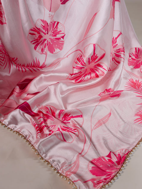 Pink Pearl-Edged Floral Satin Floral Print Saree For Women