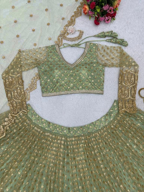 Elegant pista green party wear sequence lehenga choli for woman, lehenga choli for woman ready to wear in USA free shipping, lehenga blouse - ReadyToWearshop