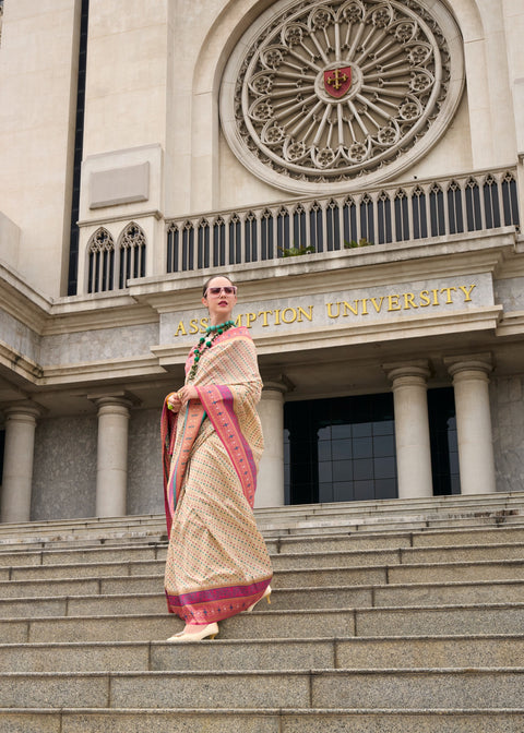 Beige Banarasi Silk with blouse in USA, Perfect for Indian wedding sequins saree