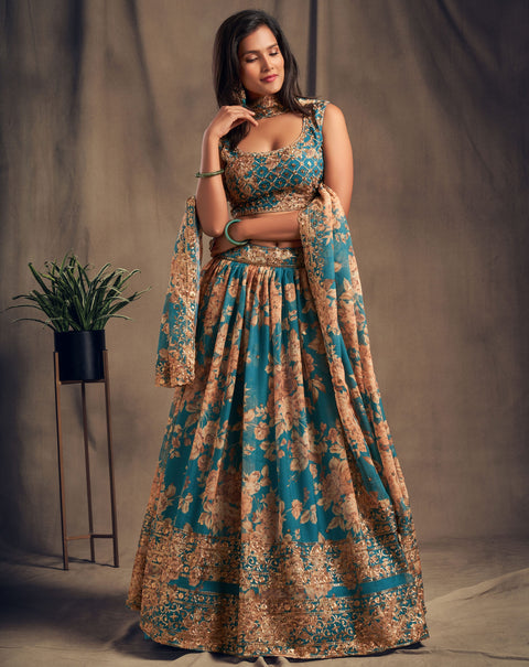 Trendy Teal Blue Organza Bollywood lehenga choli for women with Dupatta Indian Designer Ready to wear partywear Lehenga Choli Trendy Lehenga - ReadyToWearshop