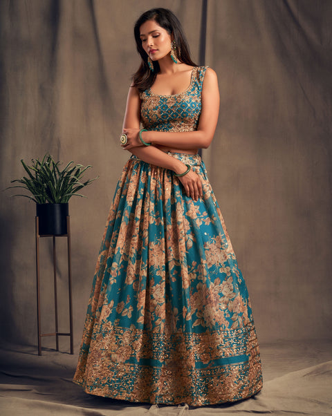 Trendy Teal Blue Organza Bollywood lehenga choli for women with Dupatta Indian Designer Ready to wear partywear Lehenga Choli Trendy Lehenga - ReadyToWearshop