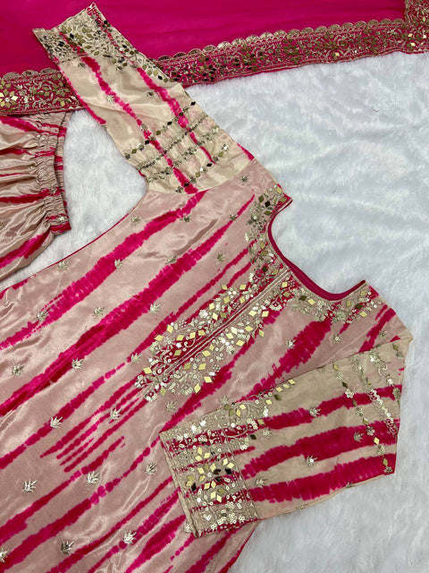 Pink Pure Chinnon Silk With Digital Print And Heavy Embroidery Sequence Work Top-Patiala And Dupatta Set For Women