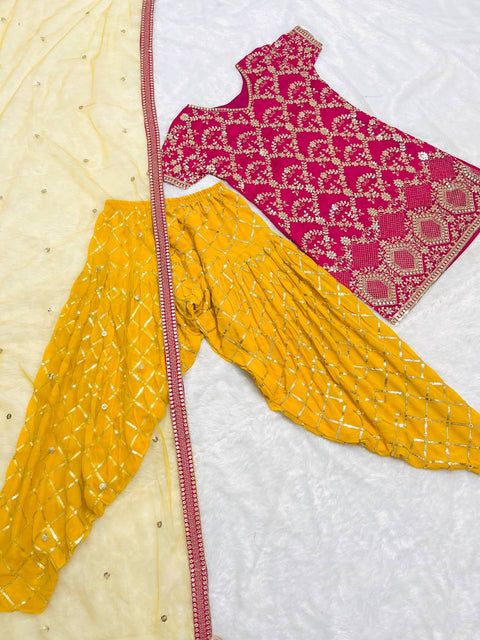 Pink And Yellow Ready-made Collection With Heavy Embroidery Sequence Work Top-Patiala And Dupatta Set For Women