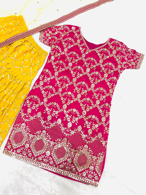 Pink And Yellow Ready-made Collection With Heavy Embroidery Sequence Work Top-Patiala And Dupatta Set For Women