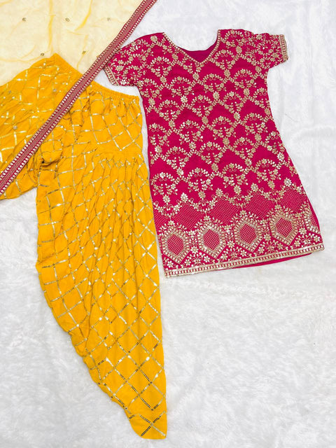 Pink And Yellow Ready-made Collection With Heavy Embroidery Sequence Work Top-Patiala And Dupatta Set For Women