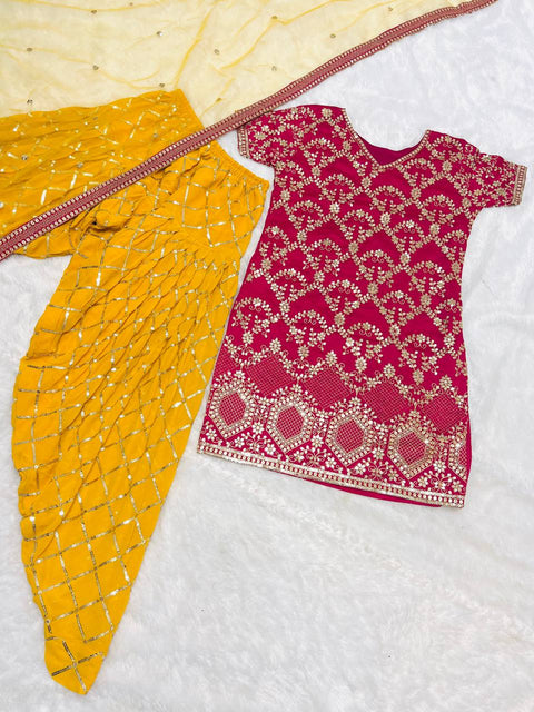 Pink And Yellow Ready-made Collection With Heavy Embroidery Sequence Work Top-Patiala And Dupatta Set For Women