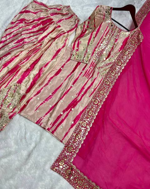 Pink Pure Chinnon Silk With Digital Print And Heavy Embroidery Sequence Work Top-Patiala And Dupatta Set For Women