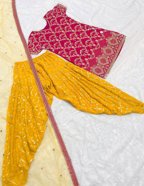 Pink And Yellow Ready-made Collection With Heavy Embroidery Sequence Work Top-Patiala And Dupatta Set For Women