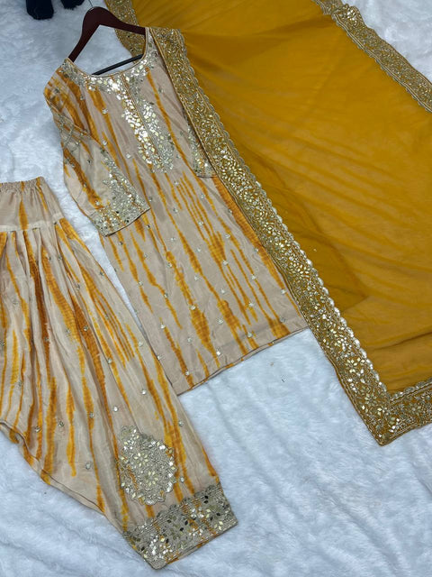 Yellow Pure Chinnon Silk With Digital Print And Heavy Embroidery Sequence Work Top-Patiala And Dupatta Set For Women