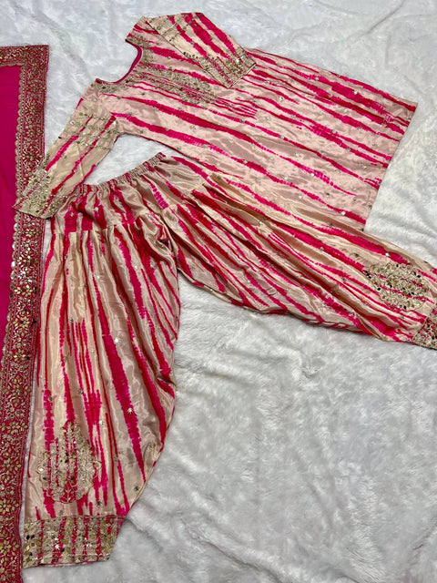 Pink Pure Chinnon Silk With Digital Print And Heavy Embroidery Sequence Work Top-Patiala And Dupatta Set For Women