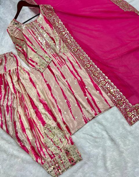 Pink Pure Chinnon Silk With Digital Print And Heavy Embroidery Sequence Work Top-Patiala And Dupatta Set For Women