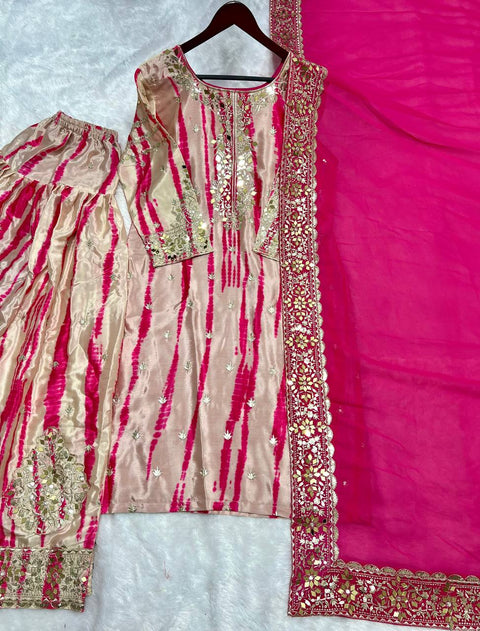 Pink Pure Chinnon Silk With Digital Print And Heavy Embroidery Sequence Work Top-Patiala And Dupatta Set For Women