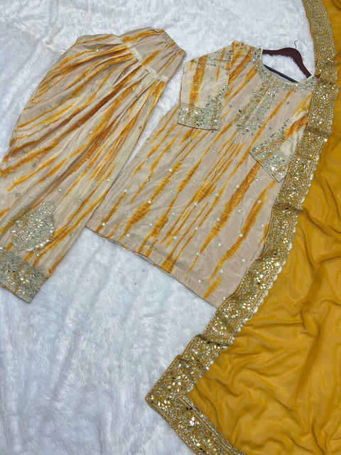 Yellow Pure Chinnon Silk With Digital Print And Heavy Embroidery Sequence Work Top-Patiala And Dupatta Set For Women