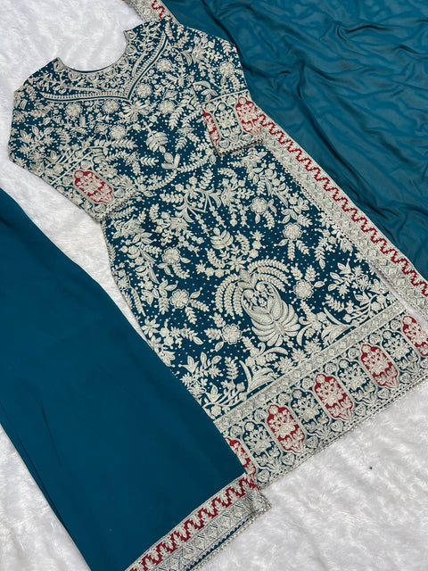 Teal Blue New Collection In Heavy Georgette Top-Plazzo And Dupatta Set Fully Stitched