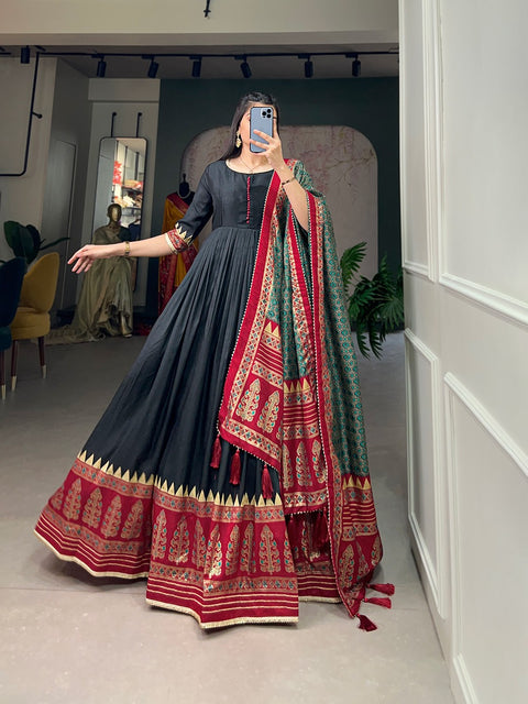 Black the center of attention with this Tusser silk designer gown for women