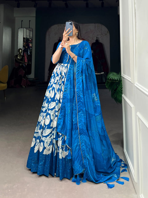 Blue Transform your ethnic look with our Tussar Silk Printed Gown For Women