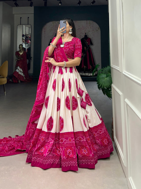 Pink Artistry in Silk: Tussar Lehenga Choli with Bandhej Print Lehenga Choli For Women