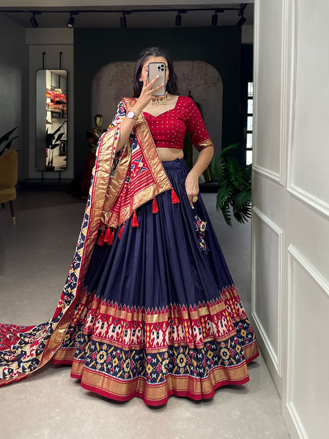 Blue a perfectly blended Tussar silk lehenga for festive season to charm your look In this navratri for women