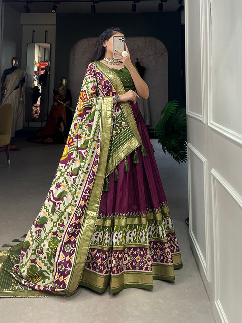 Wine a perfectly blended Tussar silk lehenga for festive season to charm your look In this navratri for women