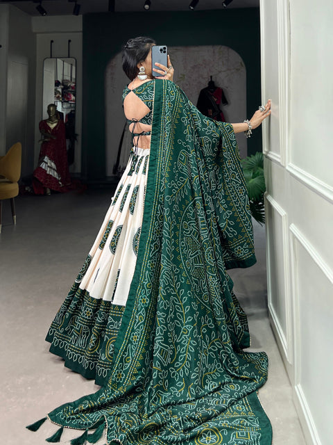 Green Artistry in Silk: Tussar Lehenga Choli with Bandhej Print Lehenga Choli For Women