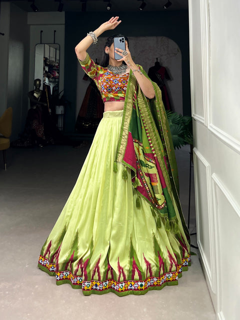 Green luxurious Tussar silk fabric ensures comfort and elegance, making this lehenga choli for women