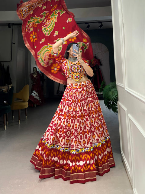 Red elegance of prints, where tradition meets trend in every twirl of a printed navratri lehenga