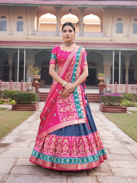 Blue Step into the spotlight with confidence in our Tussar silk printed lehenga choli for women