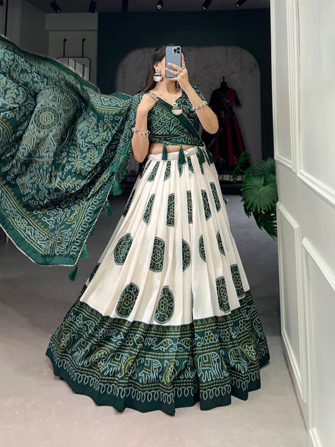 Green Artistry in Silk: Tussar Lehenga Choli with Bandhej Print Lehenga Choli For Women