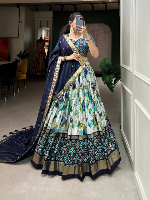 Blue Tussar Silk Lehenga Set with Perfect floral and patola print design for women