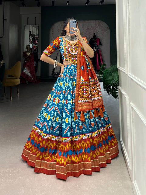 Blue elegance of prints, where tradition meets trend in every twirl of a printed navratri lehenga