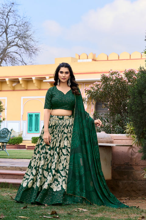 Green Color Ethnic look with our Tussar Silk Printed Lehenga Choli For Women