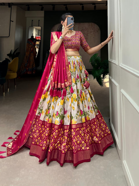 White And Pink Tussar Silk Lehenga Set with Perfect floral and patola print design for women