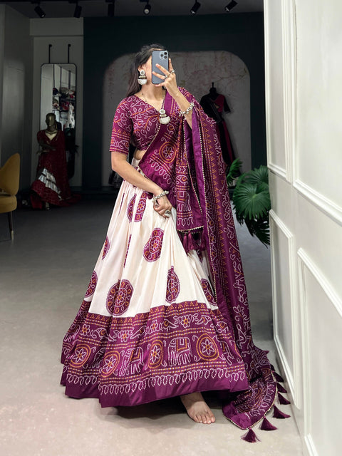 Purple Artistry in Silk: Tussar Lehenga Choli with Bandhej Print Lehenga Choli For Women